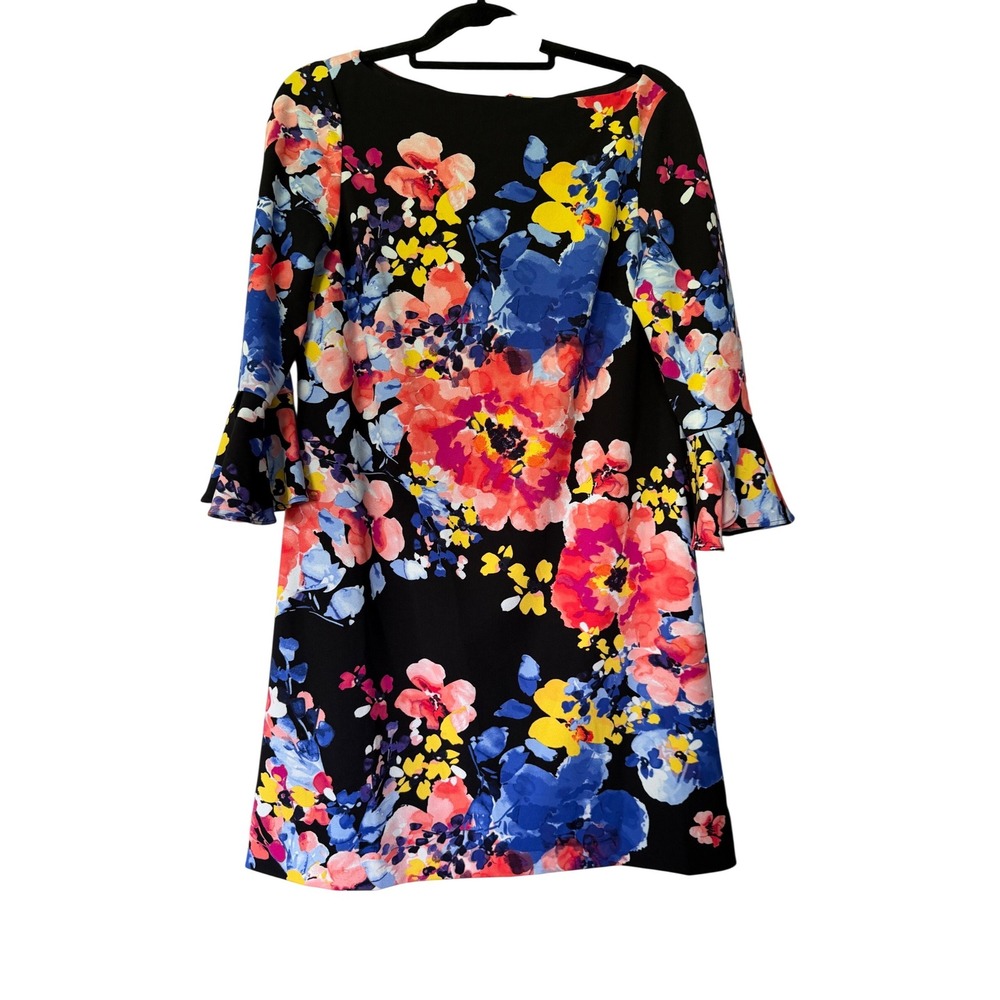Tahari Arthur S Levine Floral Bell Sleeve Shift Dress Black Pink Blue Size 8